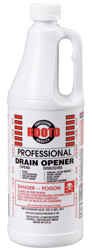 Rooto Corporation 1071 Drain Opener, Liquid, Amber/Clear, 32 oz Bottle - 1