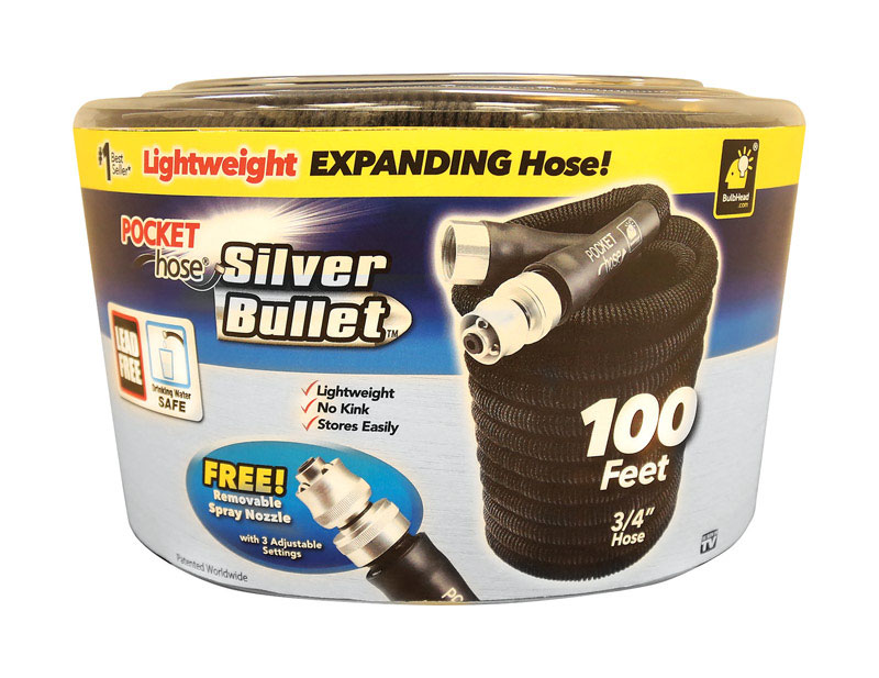 POCKET hose Silver Bullet 134906 Expanding Garden Hose, 3/4 in, 100 ft L, Plastic, Black - 1