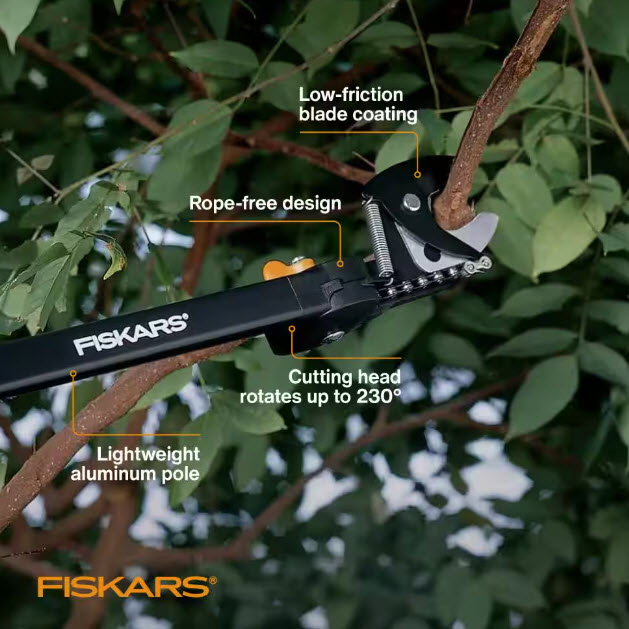 Pole Pruner, Fiskars, 1-1/4 in Dia Cutting Capacity, Steel Blade, 62 in L Extension - 2