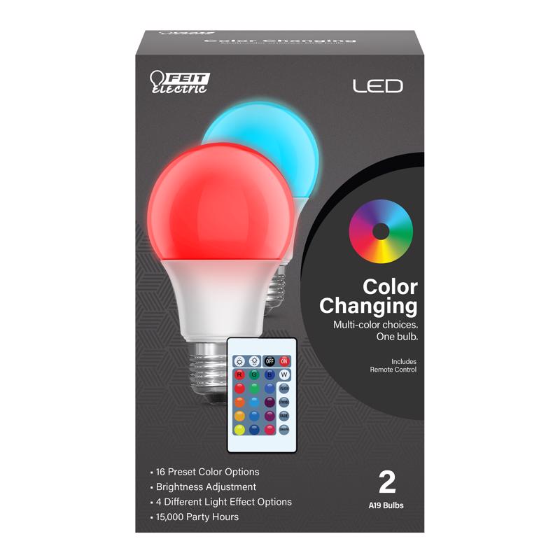 Color Changing LED Party Light Bulb, Feit Electric, A19 Lamp, E26 Medium Base, 100 Lumens, Multi Color Option, Remote Control Included, 2PK - 1