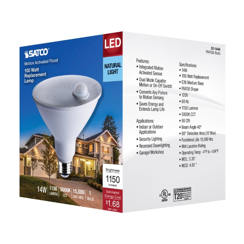LED Bulb, Satco, 100 Watt Equivalent, PAR38, E26, 1150 Lumens, 5000 K, Sensor Motion Activated - 2
