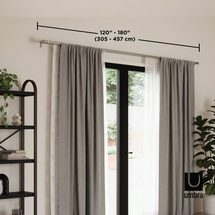 Double Curtain Rod, Umbra, Cappa, 1 in Dia, 120 to 180 in L, 5-1/2 in W, Steel, Silver, Nickel - 2