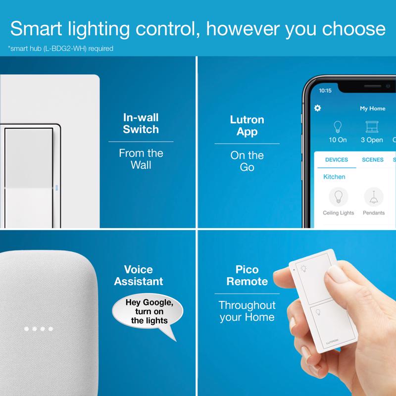 Smart Switch, Lutron, 1-Pole, 3-Way, 120 V, 50/60 Hz, White - 3