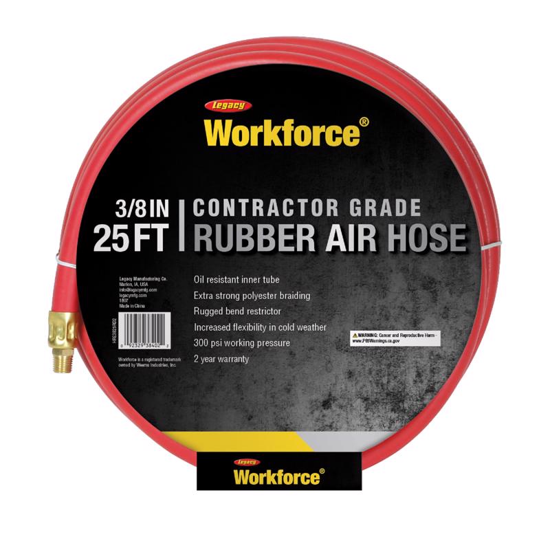 Legacy Workforce Air Hose, Flexzilla, Rubber, 3/8 in x 25 ft L, Fittings: 1/4 in MNPT - 2