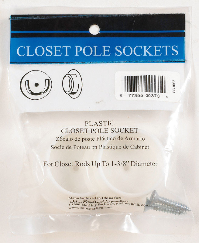 Closet Rod Socket Set, Knape & Vogt, 1-3/8in, White, Plastic - 2