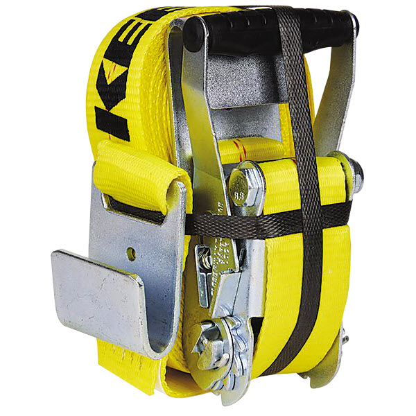 Ratchet Tie-Down, Keeper, 2 in W, 27 ft L, Polyester, Yellow, 3333 lb, Flat Hook End Fitting - 2