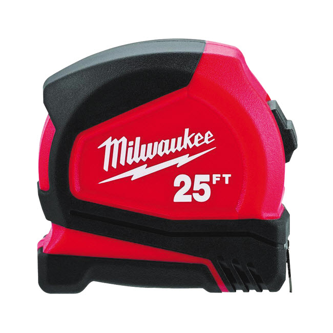 Tape Measure, Milwaukee, 25 ft L, 1-21/32 in W, Black/Red Case - 1