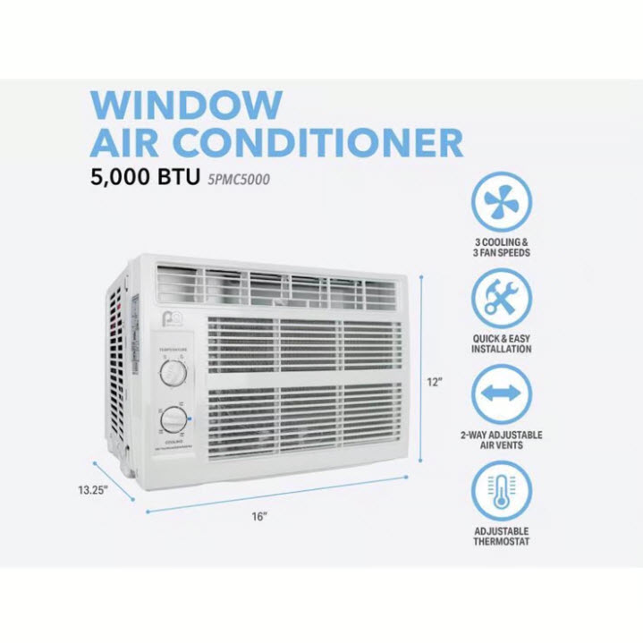 Air Conditioner, Perfect Aire, 115 V, 5000 Btu Cooling, 100 to 150 sq-ft Coverage Area, Mechanical Control - 1
