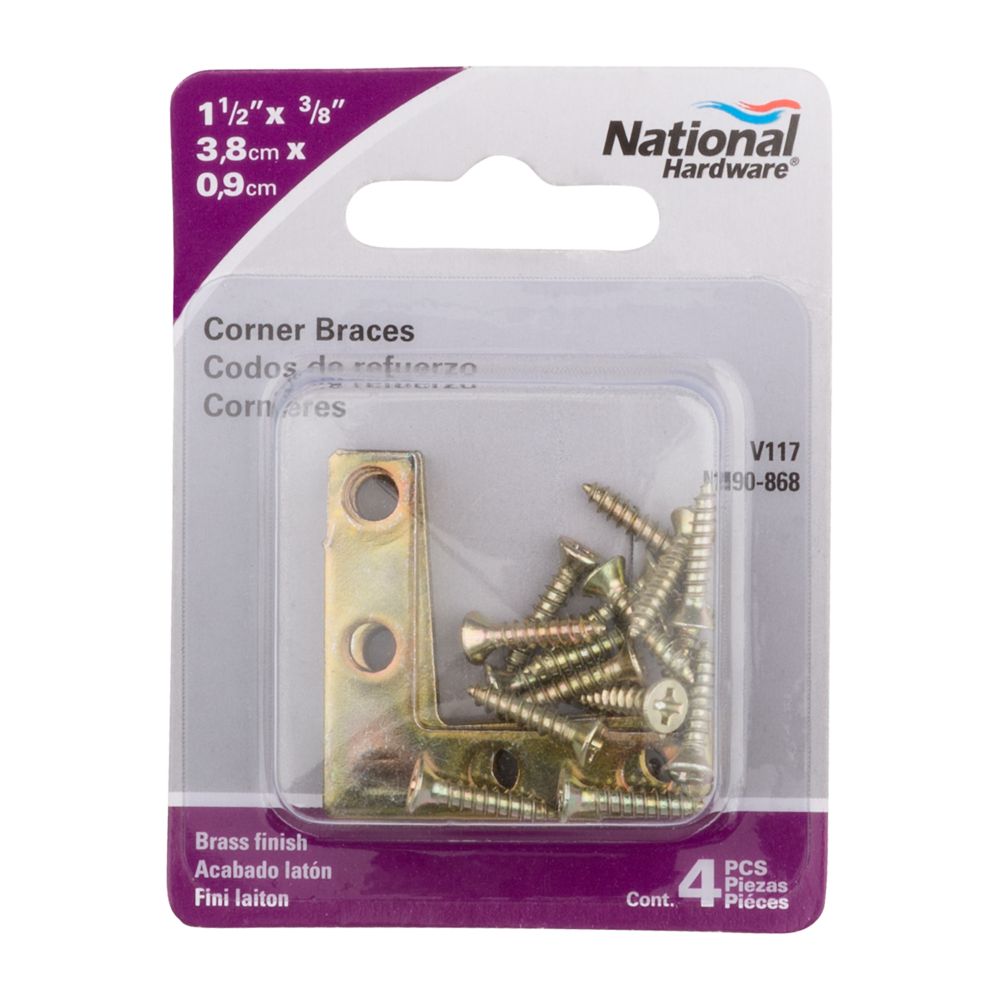 Corner Brace, Ace, 1-1/2 in L, 3/8 in W, 1-1/2 in H, Steel, Brass, 0.07 Thick Material, 4/PK - 3