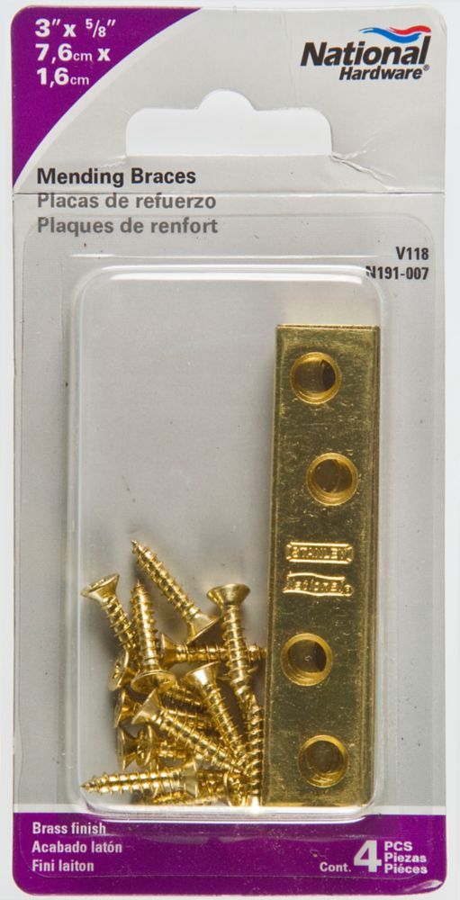 Mending Brace, Ace, 3 in L, 5/8 in W, 0.08 in Gauge, Steel, Brass, Screw Mounting, 4/PK - 3