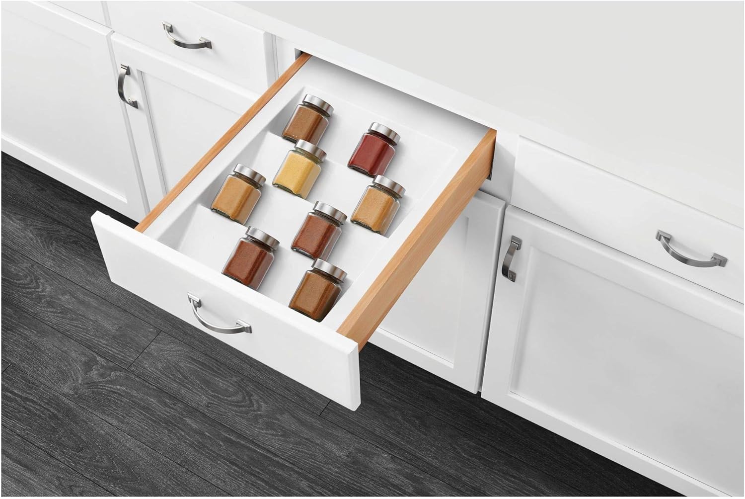 Spice Drawer Organizer, Rev-A-Shelf, Plastic, White, 21-1/4 in L, 2-1/2 in H, 16 in W - 2