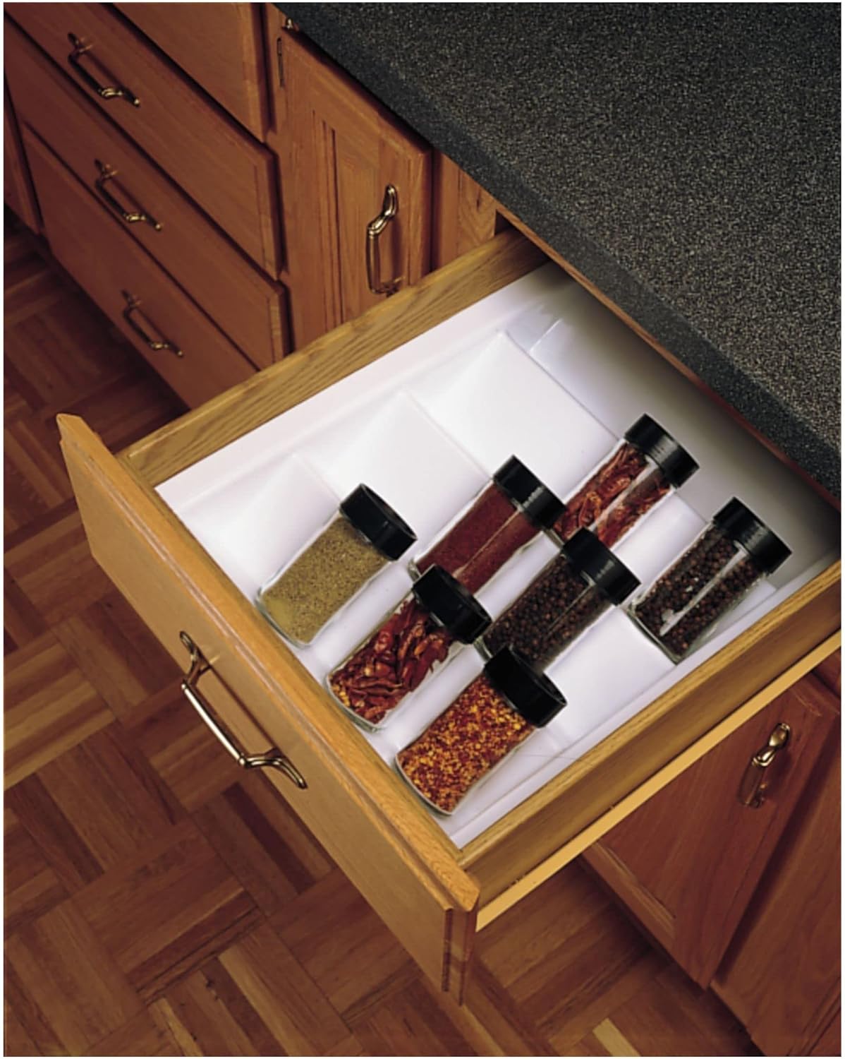 Spice Drawer Organizer, Rev-A-Shelf, Plastic, White, 21-1/4 in L, 2-1/2 in H, 16 in W - 3