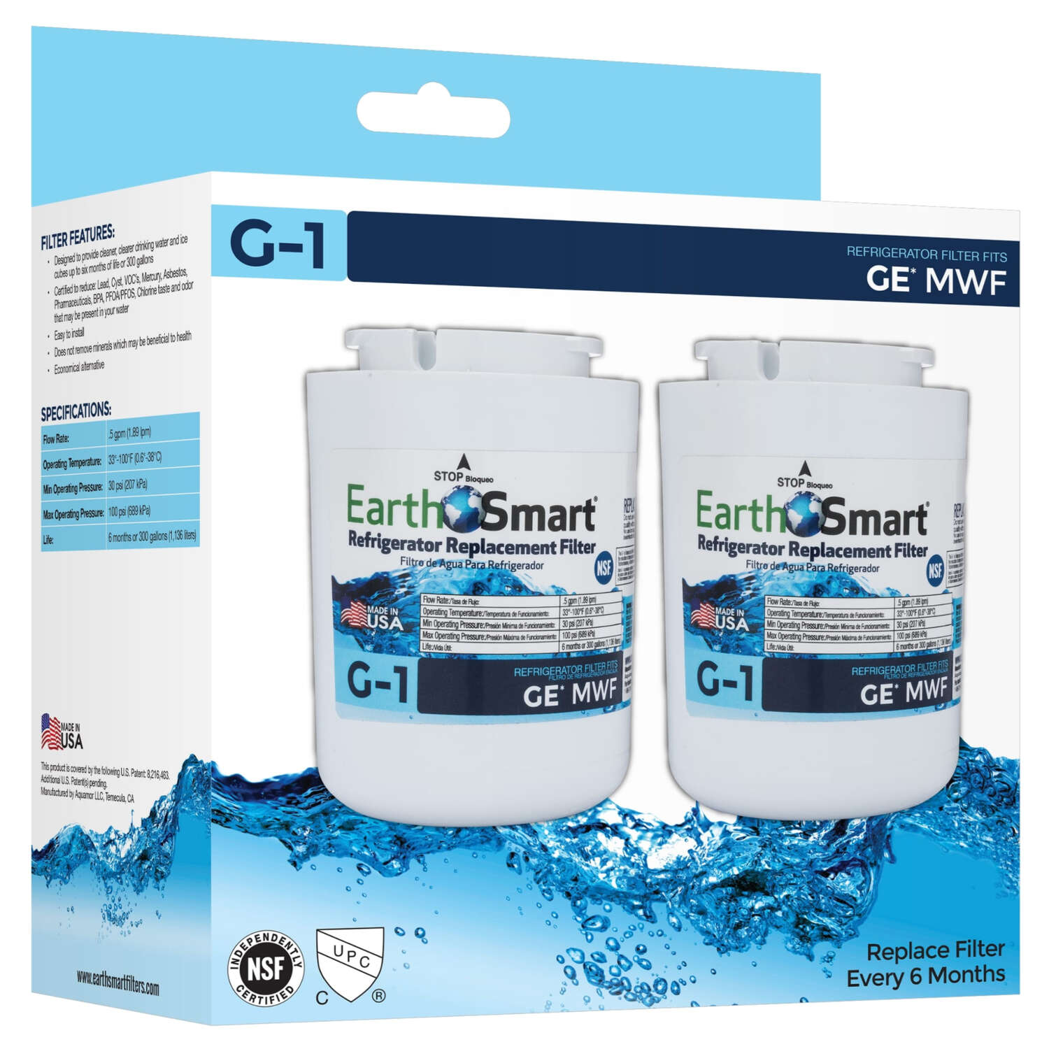 Earthsmart G-1 Refrigerator Replacement Filter For GE MWF, Safewater, 2pk - 2