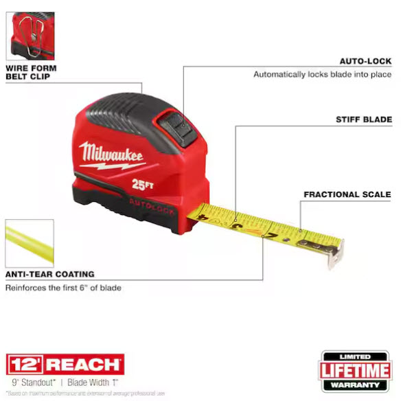 Compact Auto-Lock Measuring Tape, Milwaukee, 25 ft L, 1 in W Blade - 2
