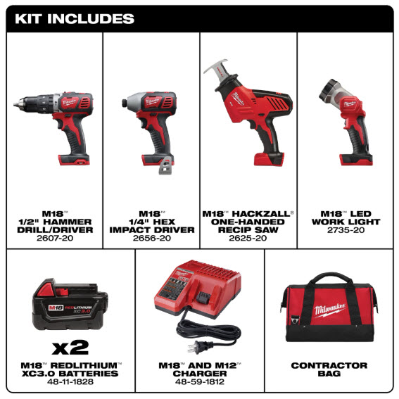 Cordless Tool Combo Kit, Milwaukee, M18, 4-Tools, Batteries & Charger Included - 2