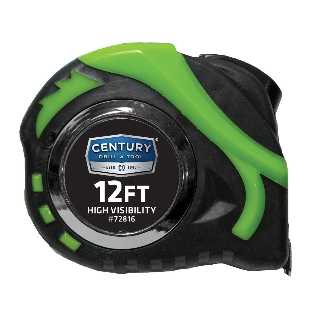 High-Visibility Measuring Tape, Century Drill & Tool, 12 ft L,1/2 in W, Green and Black Case - 1