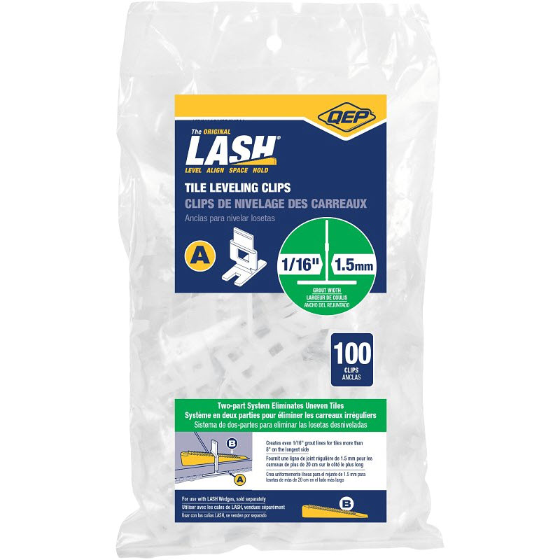 Lash Level Tile Clips, Qep, Flat, Slotted, 1/16 in Thick, Nylon, White, 100 ct - 1