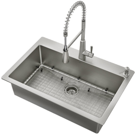 Kitchen Sink Combo, Moen, Reza Series, Single Bowl, Dual-Mount, Stainless Steel, Includes: Faucet, Drain, and Soap Dispenser - 1