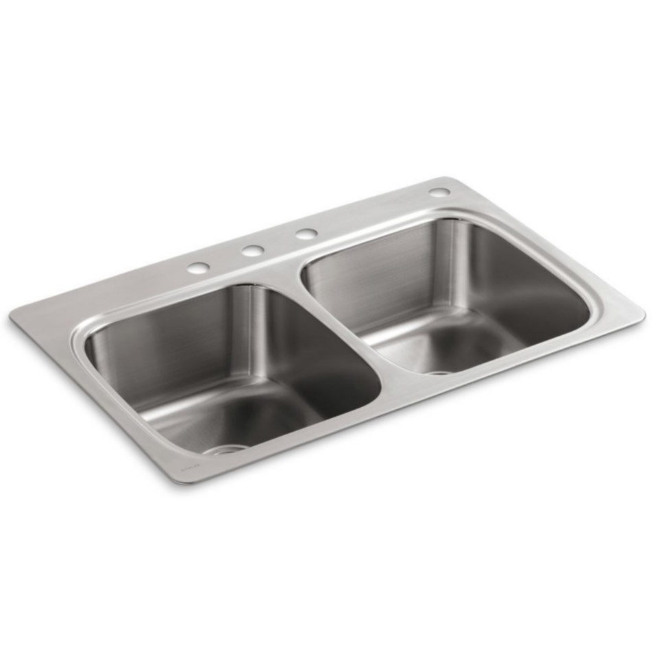 Verse Kitchen Sink, Kohler, Top-Mount, 2-Bowl, 4-Hole, Stainless Steel - 1