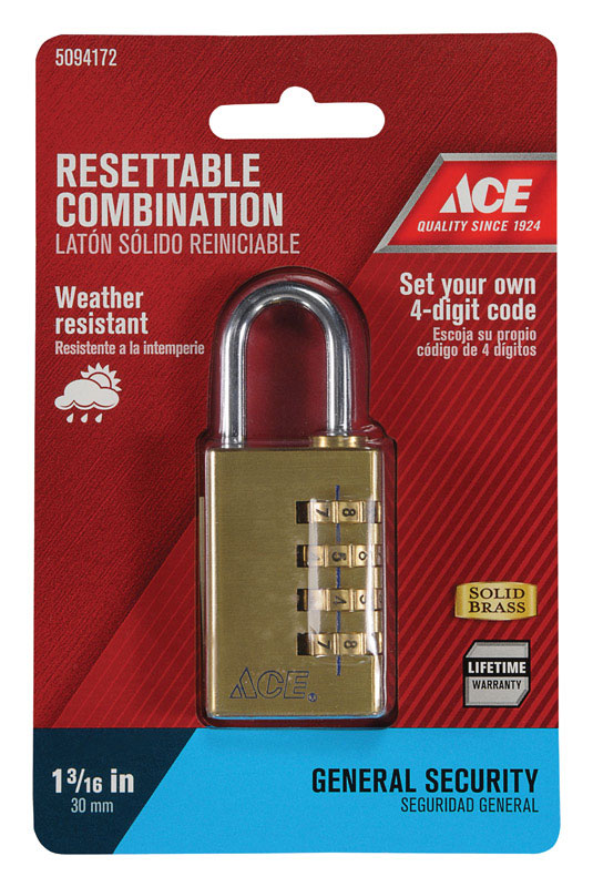 Combination Padlock, Ace, 3/16 in Dia Shackle, Brass Body, 1-7/8 in H Body, 1-1/4 in W Body - 1