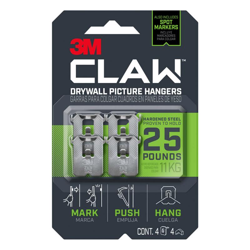 Picture Hanger, 3M, Claw, 25 lb, Steel, Drywall Mounting, 4 pk - 1