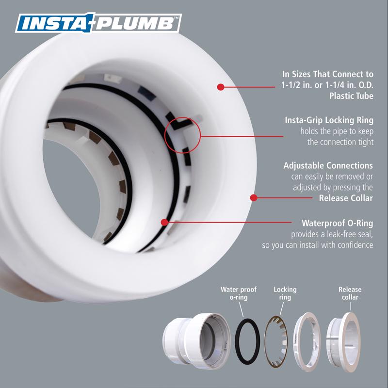 Extension Tube, Kenney, 1-1/2 in, 12 in L, Push, Plastic, White - 2