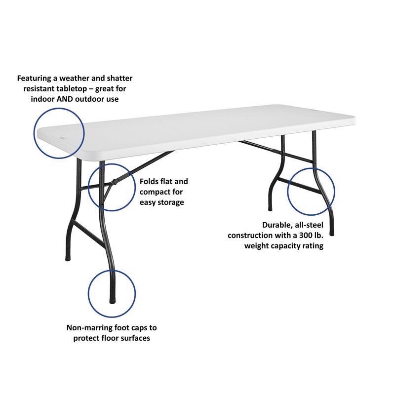 Folding Table, Cosco, 29.6 in OAW, 72 in OAD, 29.13 in OAH, 300 lb, Resin Surface, Steel Frame, White - 2