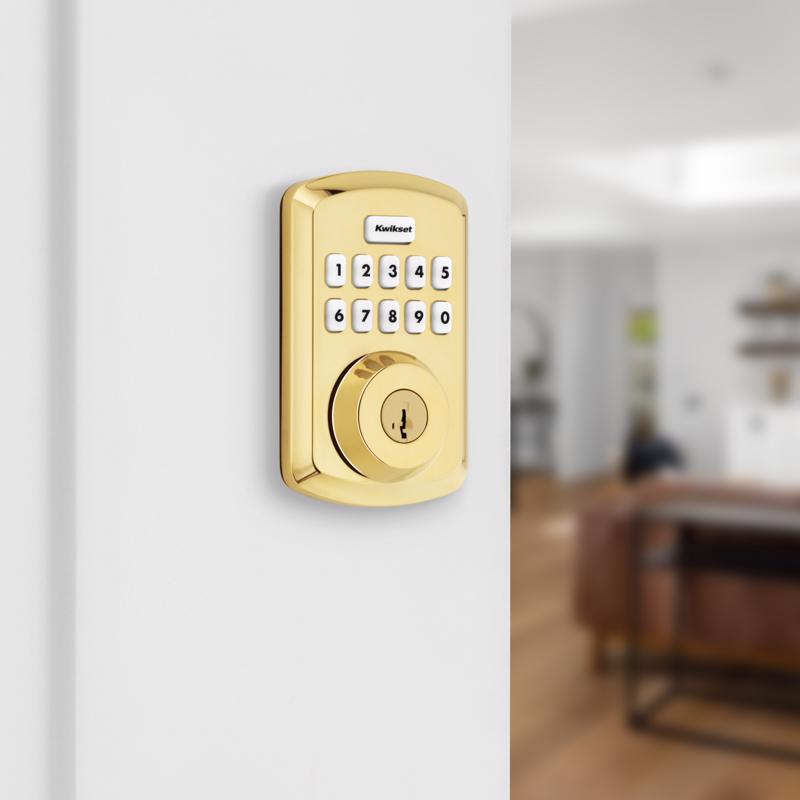 Electronic Deadbolt, Kwikset, Polished Brass, Zinc - 4