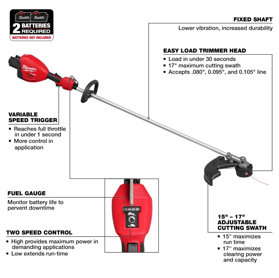 M18 Cordless String Trimmer Kit, Milwaukee, (2) 8 Ah, 18 V, Lithium-Ion, 17 in Dia Cut - 2
