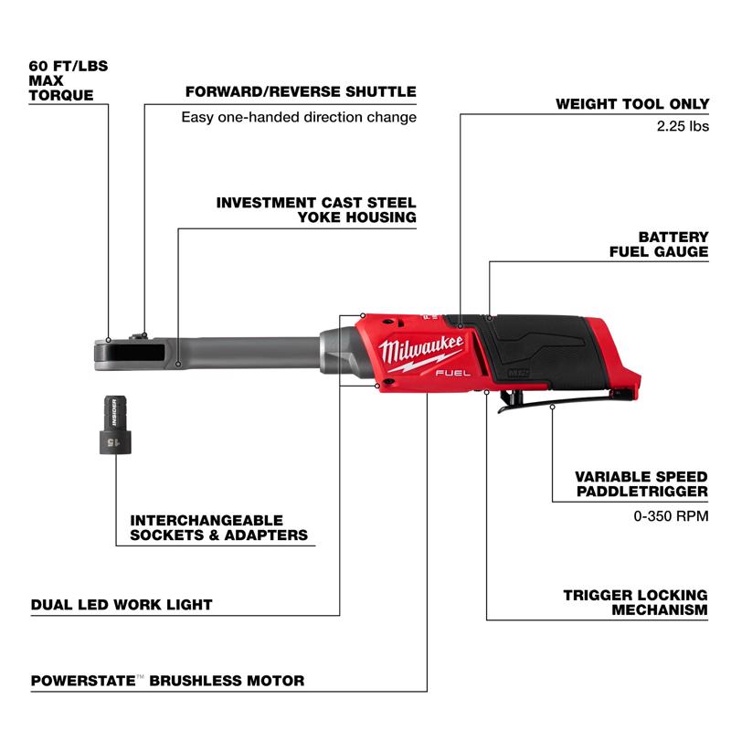 Cordless INSIDER Ratchet, Milwaukee, M12 Fuel, 1/4 and 3/8 in Removable Drive Anvils, Extended Reach, Tool Only - 1