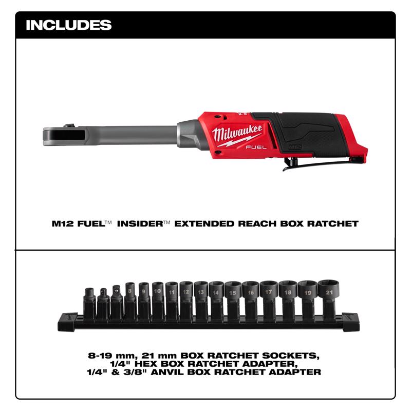 Cordless INSIDER Ratchet, Milwaukee, M12 Fuel, 1/4 and 3/8 in Removable Drive Anvils, Extended Reach, Tool Only - 2