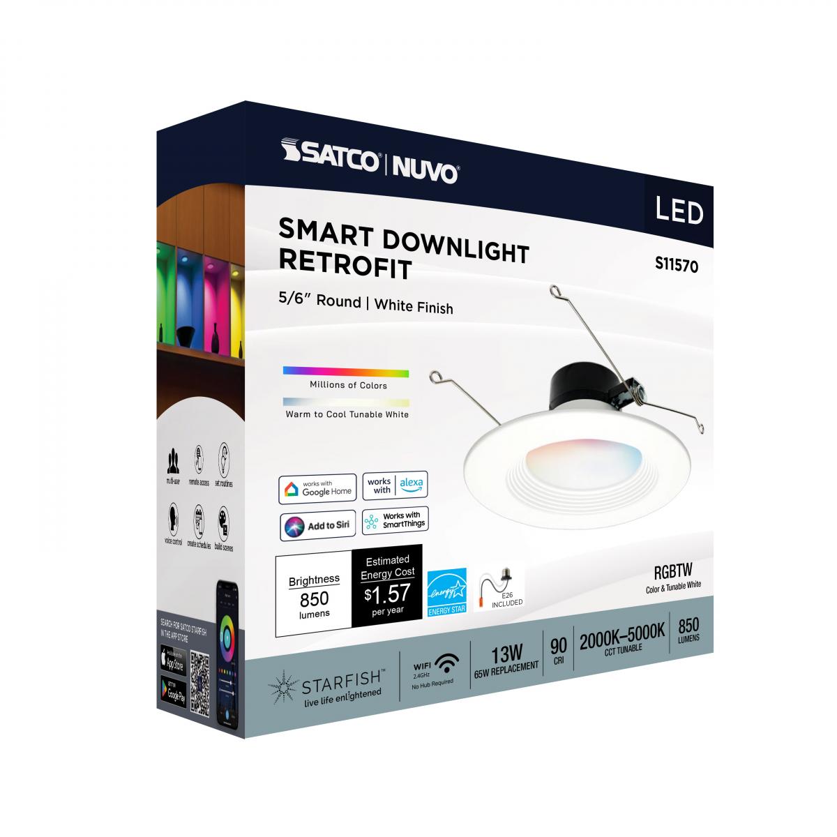 LED Retrofit Downlight, Satco, 5-6 in, SMART Wi-Fi, 850 Lumens, CCT, White - 3