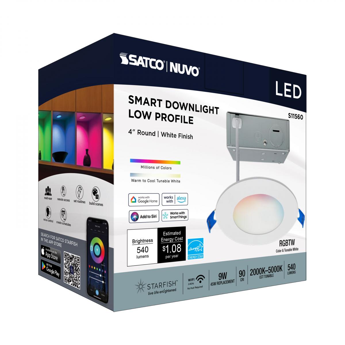 LED Downlight, Satco, Direct Wire, 4 in, 45 Watt Equivalent, SMART Wi-Fi, 540 Lumen, CCT, White - 4