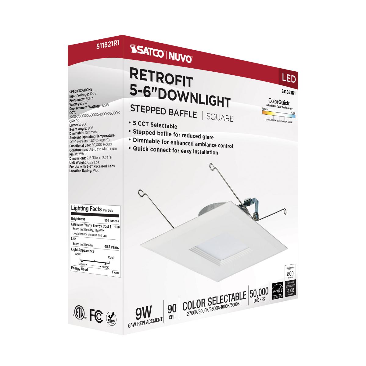 LED Retrofit Downlight, Satco, 5-6 in, Stepped Baffle, 65 Watt Equivalent, Square, 800 Lumens, CCT, White - 4