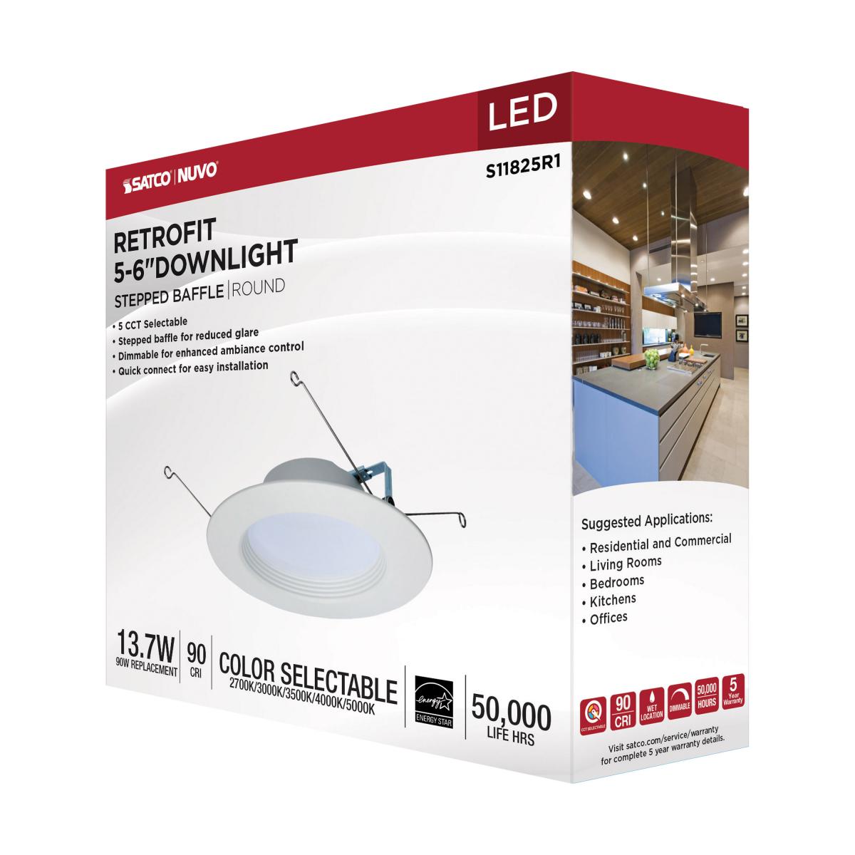 LED Retrofit Downlight, Satco, 6 in, 90 Watt Equivalent, 1200 Lumens, CCT, White - 4