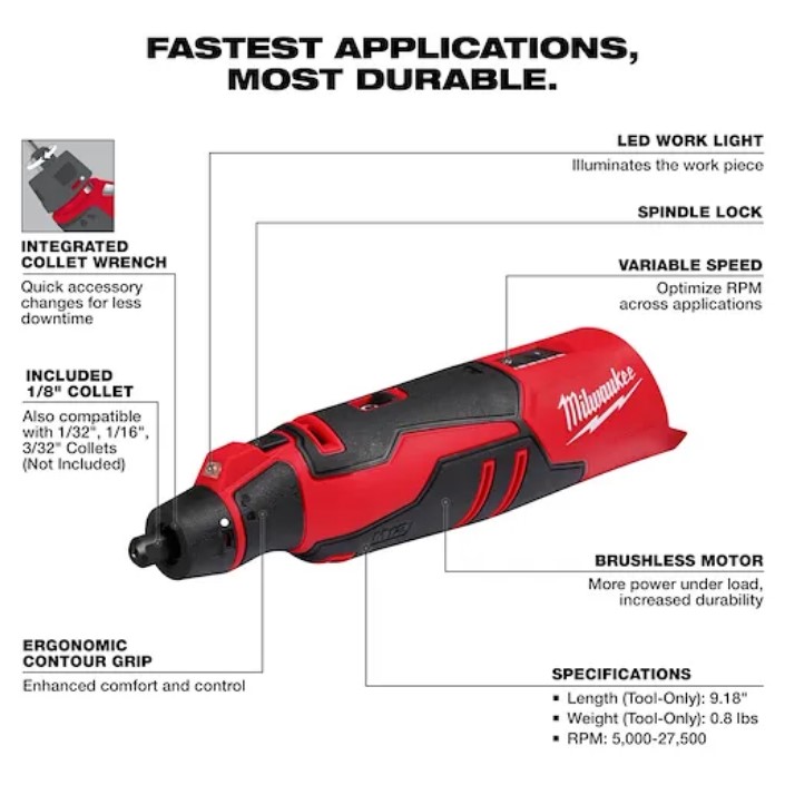 Cordless M12 Rotary Tool, Milwaukee, Brushless Motor, 1/8 in Keyless Collet, Tool Only - 2