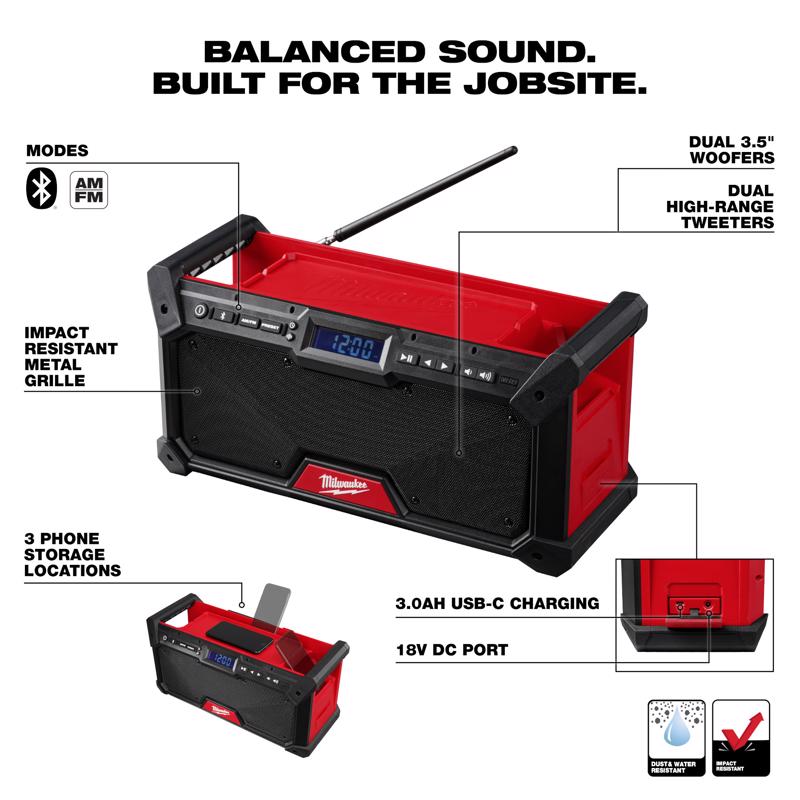 Cordless M18 Dual Power Bluetooth Jobsite Radio, Milwaukee, Tool Only - 2