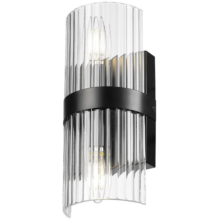 Halley Wall Sconce, Globe, 2-Light, 11 in H, Matte Black, Ribbed Glass - 2