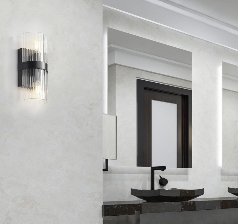 Halley Wall Sconce, Globe, 2-Light, 11 in H, Matte Black, Ribbed Glass - 3