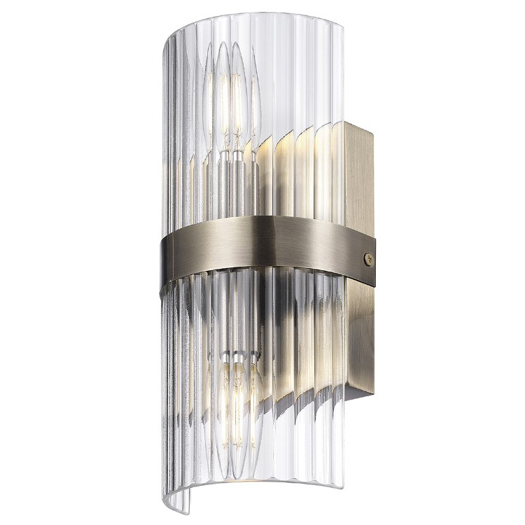 Halley Wall Sconce, Globe, 2-Light, 11 in H, Brass, Ribbed Glass - 2