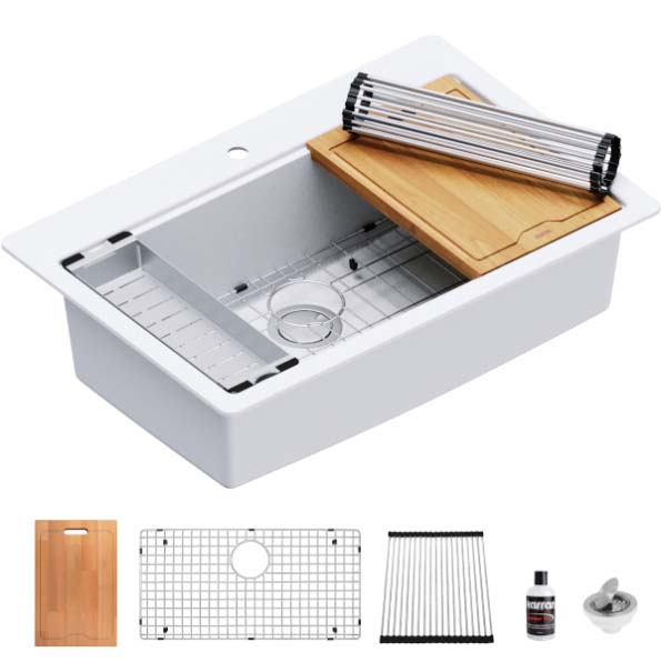 Workstation Kitchen Sink, Karran, Top-Mount, 1-Bowl, 1-Hole, White Quartz - 2