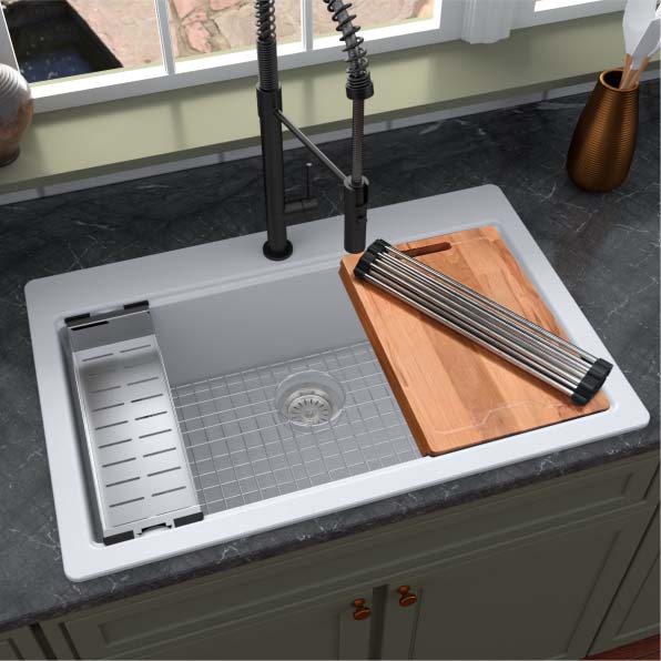 Workstation Kitchen Sink, Karran, Top-Mount, 1-Bowl, 1-Hole, White Quartz - 3