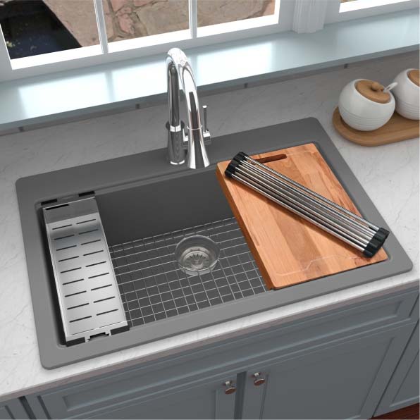 Workstation Kitchen Sink, Karran, Top-Mount, 1-Bowl, 1-Hole, Gray Quartz - 3
