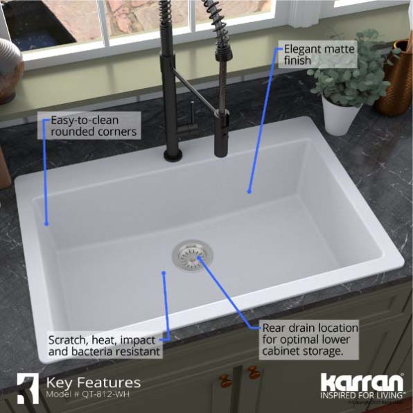 Kitchen Sink, Karran, Top-Mount, 1-Bowl, 1-Hole, White Quartz - 4