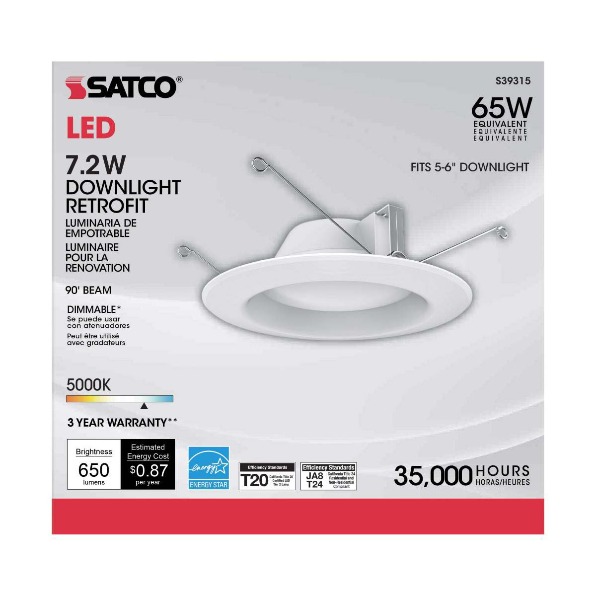 LED Retrofit Downlights, Satco, 6 in, 65 Watt Equivalent, 650 Lumens, 5000 K, White - 3