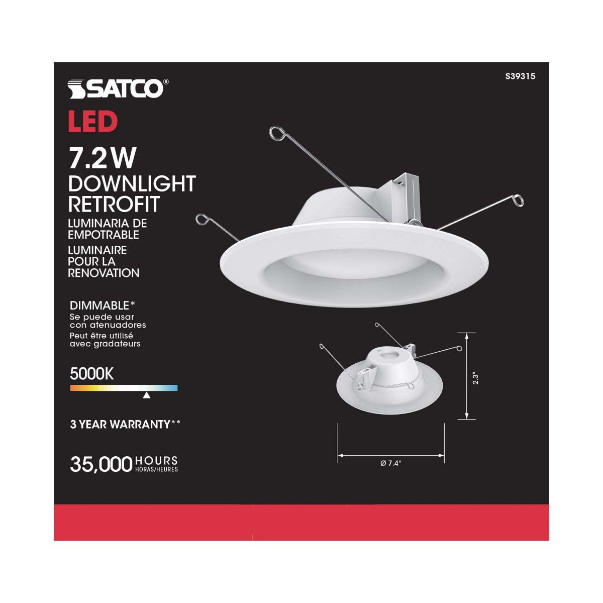 LED Retrofit Downlights, Satco, 6 in, 65 Watt Equivalent, 650 Lumens, 5000 K, White - 4