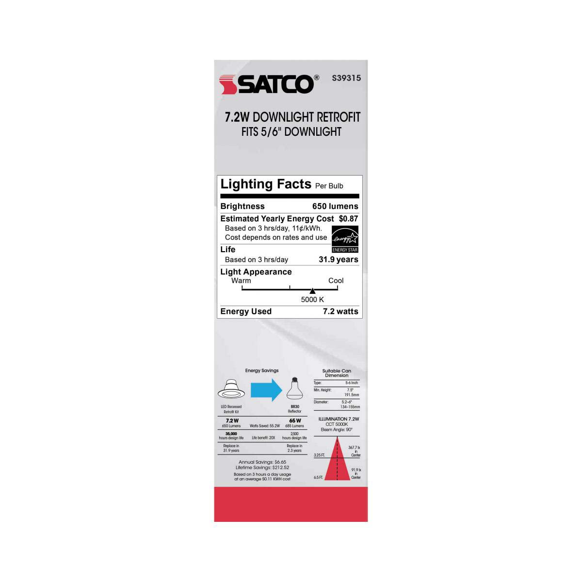 LED Retrofit Downlights, Satco, 6 in, 65 Watt Equivalent, 650 Lumens, 5000 K, White - 5