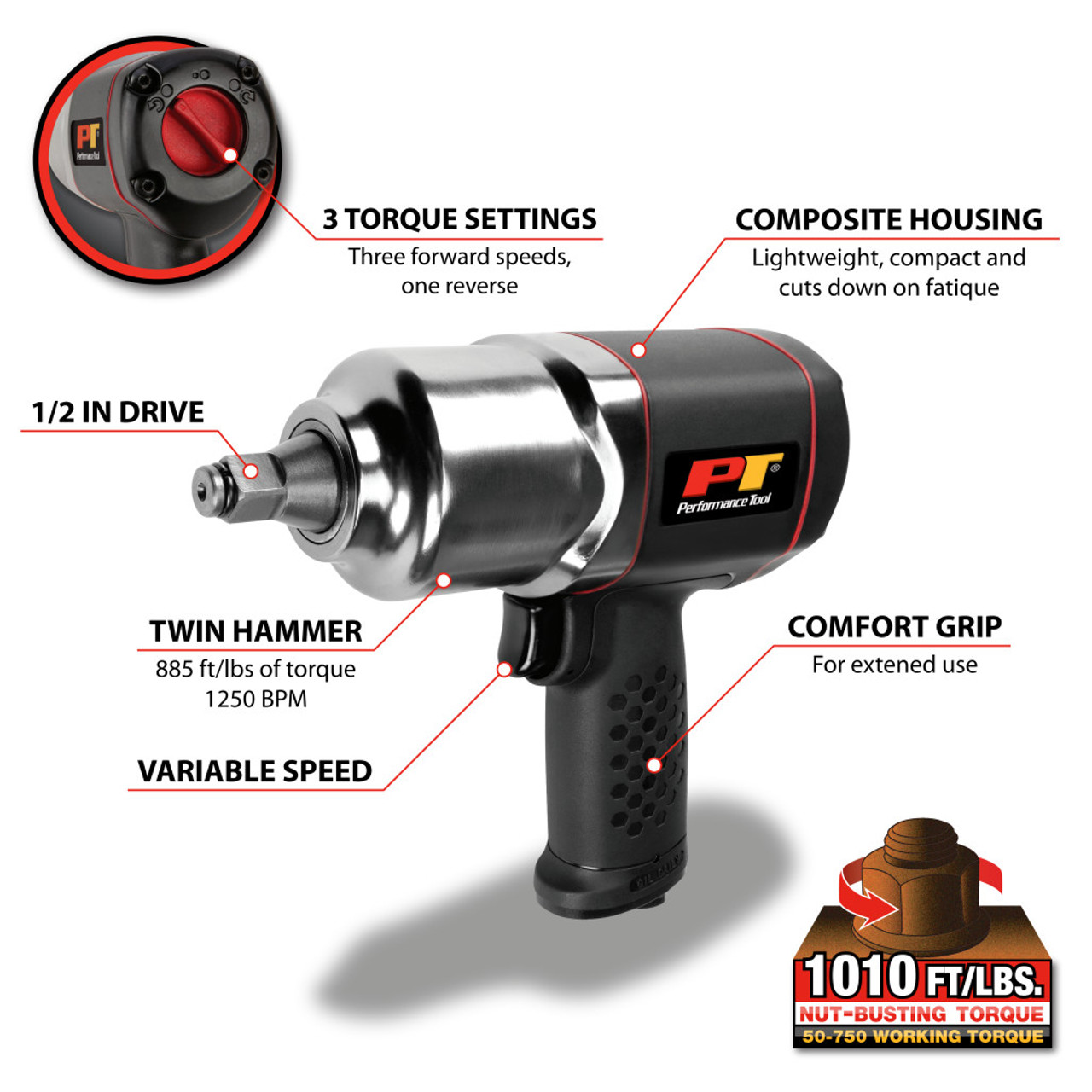 Impact Wrench, Performance Tool, X-Treme Duty, 1/2 in - 4
