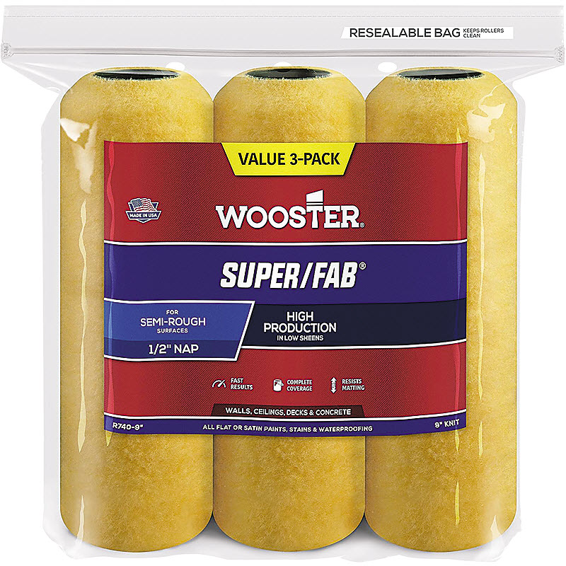 Roller Cover, Wooster, 1/2 in Thick Nap, 9 in L, Fabric Cover, Gold/Yellow - 1