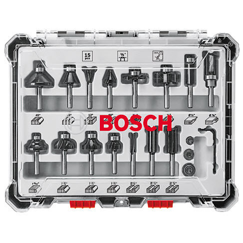 Router Bit Set, Bosch, 1/4 in Dia Shank, Carbide, 15 pk - 1